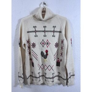 Vintage Sweater Womens Large White Rooster Fair Isle Turtleneck Knit Graphic